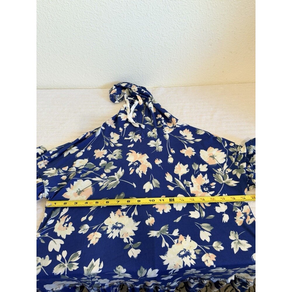Ninexis Women's Floral Hoodie Top M Blue Ruffle Hem Short Sleeve Boho - Picture 11 of 15
